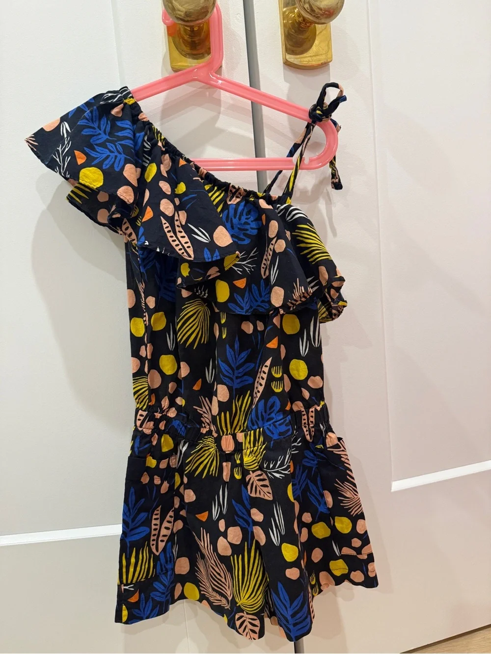 Girls Navy One-Shoulder Tropical Print Romper